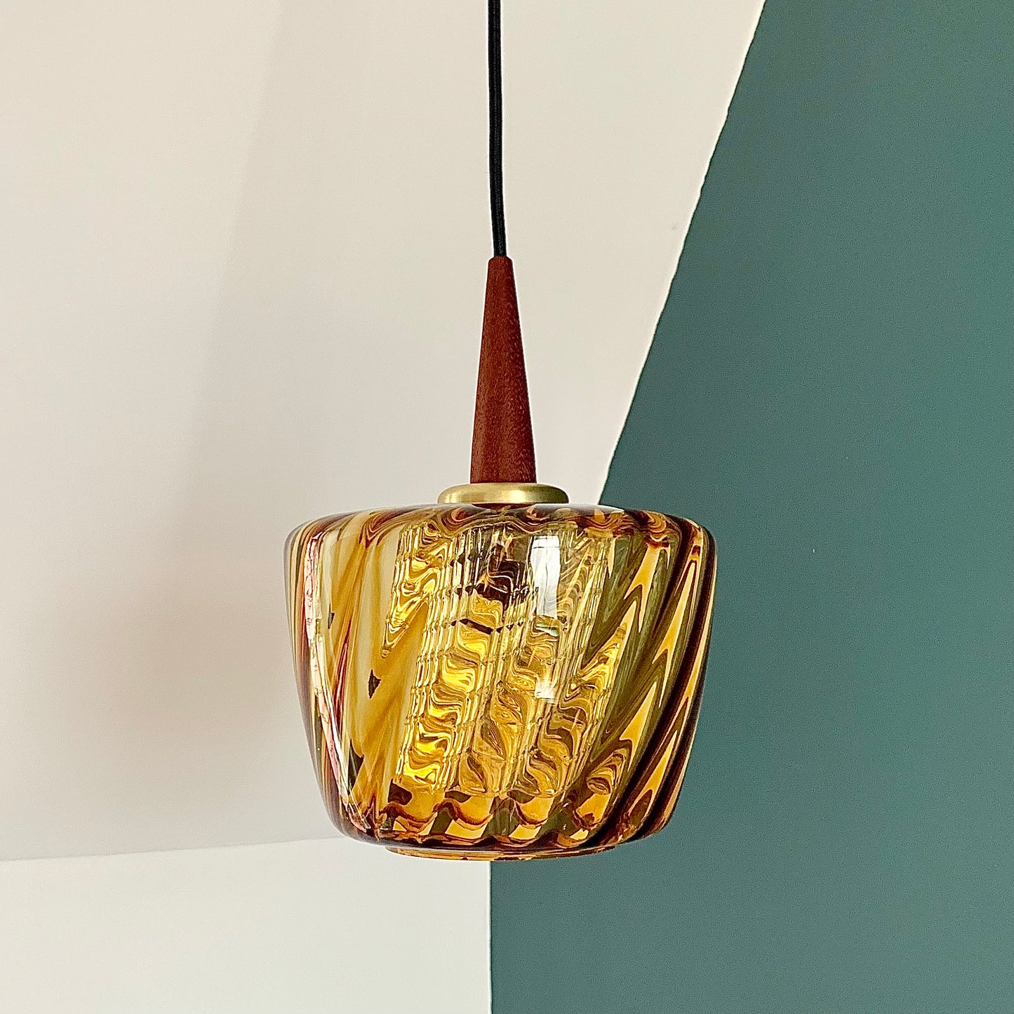 Mid Century Danish Swedish Amber Glass Teak Pendant Ceiling Lamp Scandinavian Light