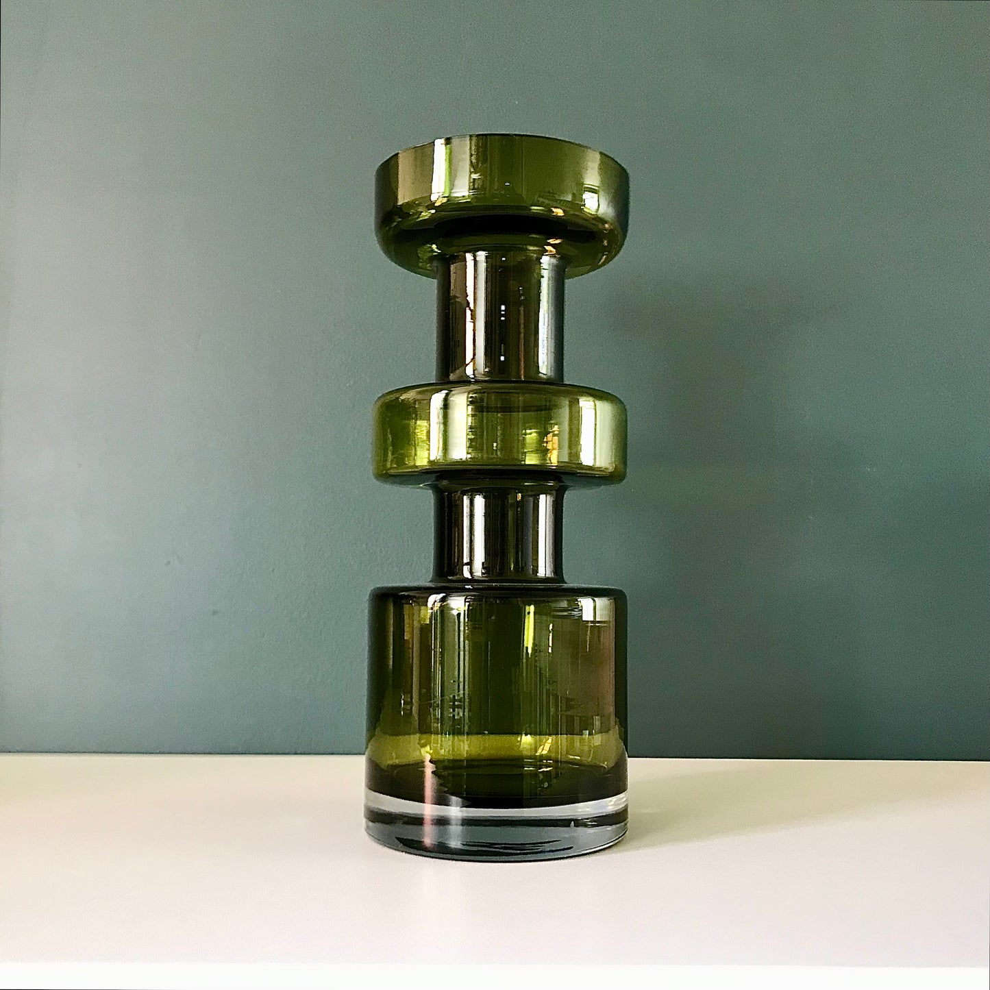 Riihimaki Olive Green Cog Glass Vase 1960s 1970s Khaki Avocado Camshaft Industrial Style Finnish Retro