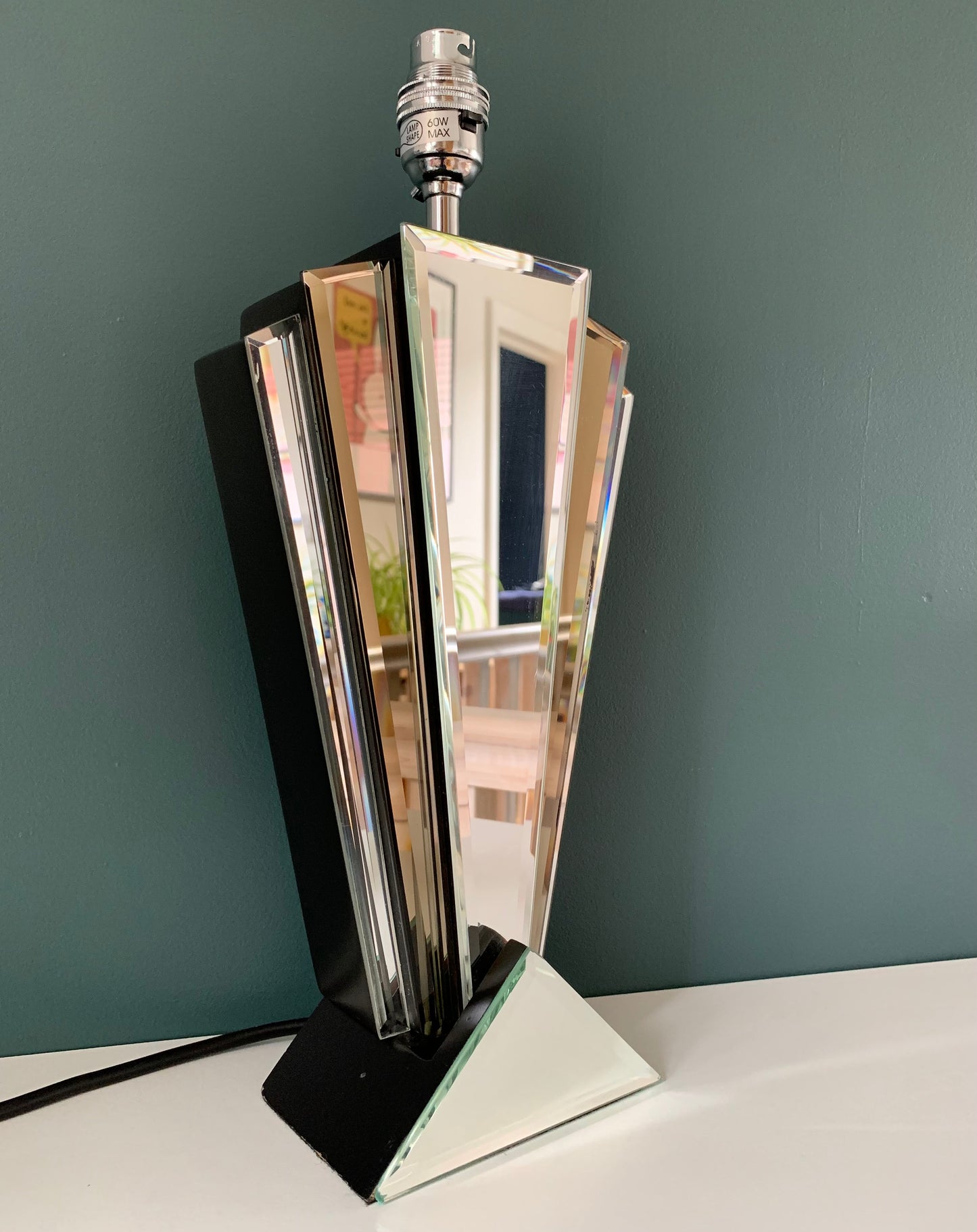 Vintage Art Deco Style Mirror Glass Table Lamp 1980s