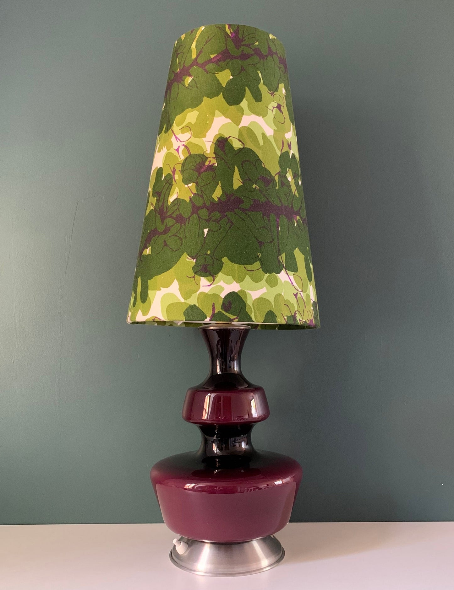 Large Mid Century Purple Glass 1960s Hooped Table Lamp incl Vintage Fabric Shade