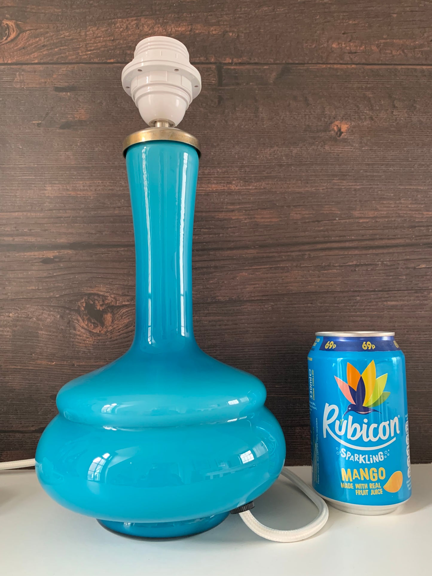 Mid Century Empoli Italian Teal Blue Turquoise Hooped Glass Table Lamp