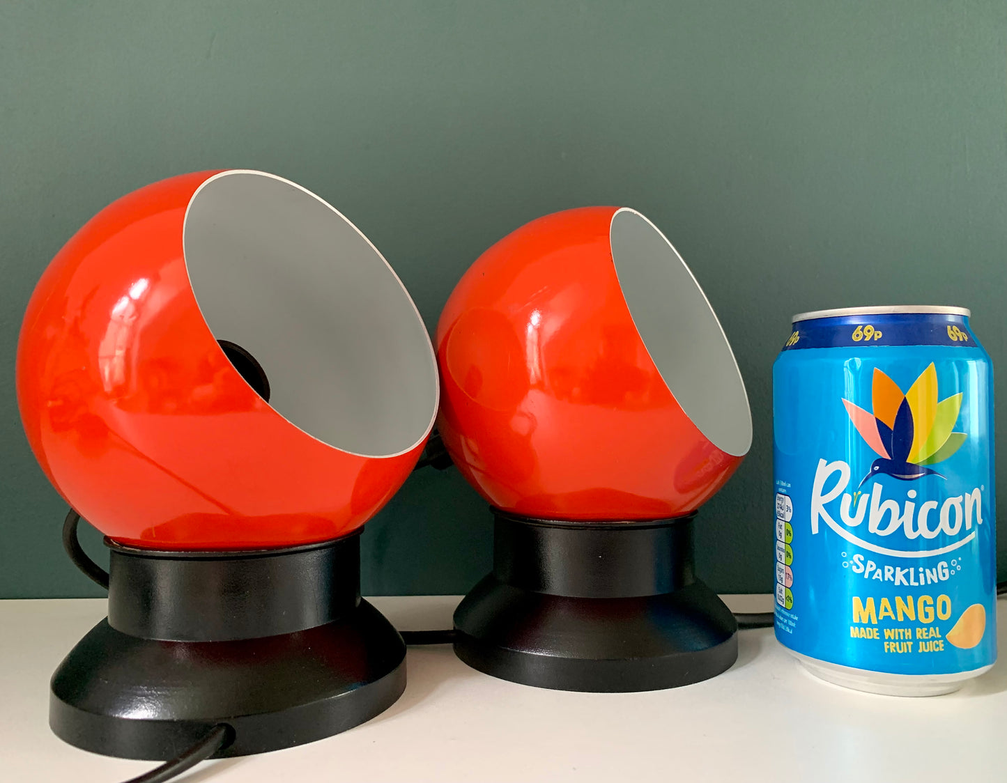 PAIR Danish Frandsen Ball Table Lamps 2X Red Enamel 1970s Vintage Retro Light Atomic Era