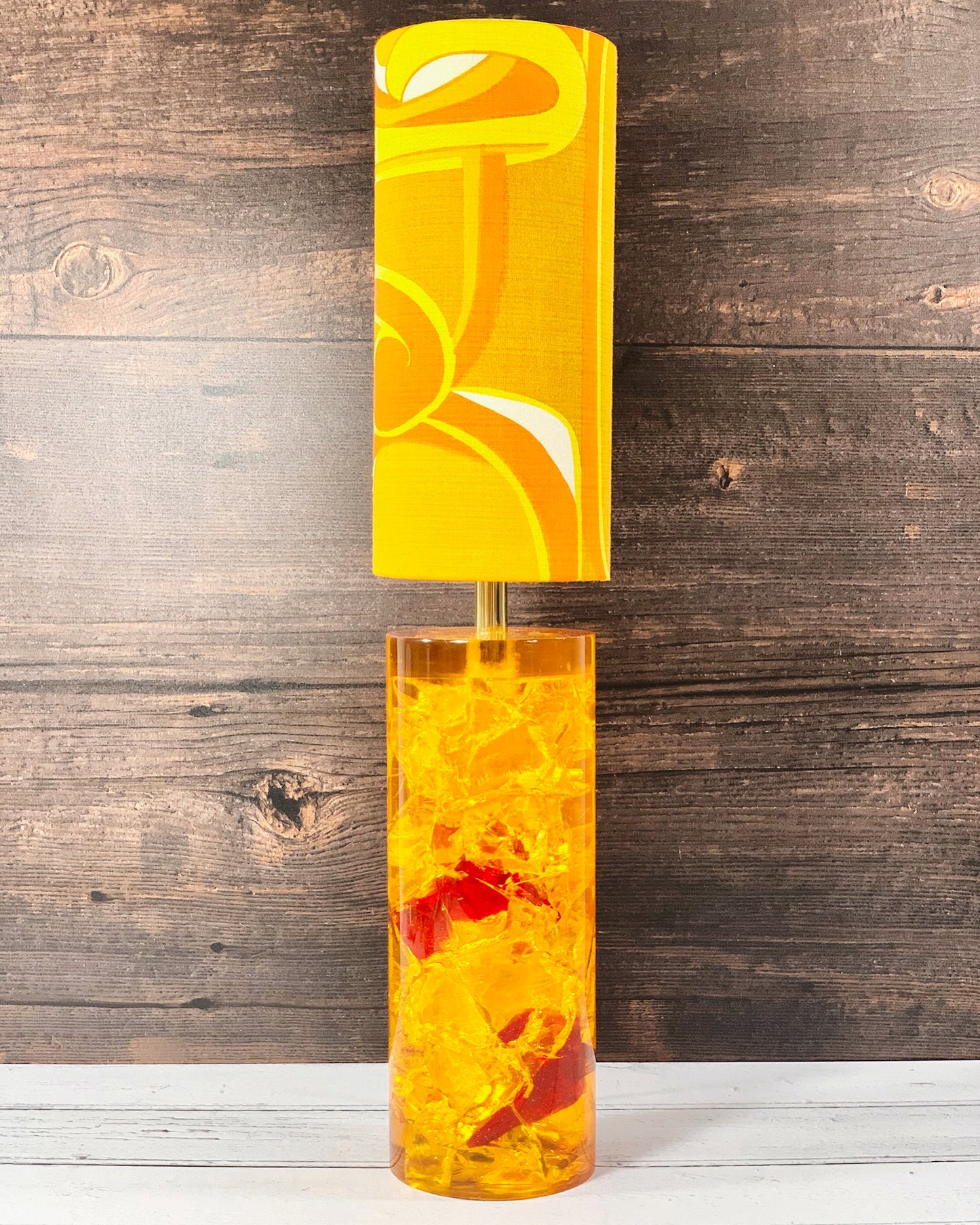 Shattaline British Yellow Orange Table Lamp Cracked Resin Crushed Ice Vintage Retro Atomic Era Shatterline