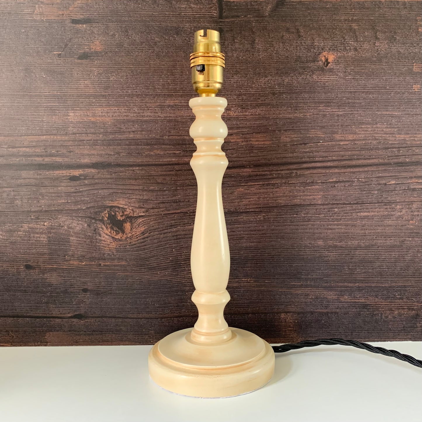 Vintage Cream Wood British Candle Stick Table Lamp 1980s