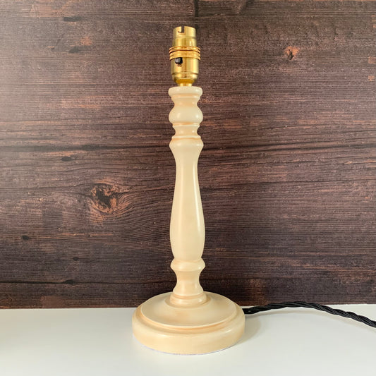 Vintage Cream Wood British Candle Stick Table Lamp 1980s
