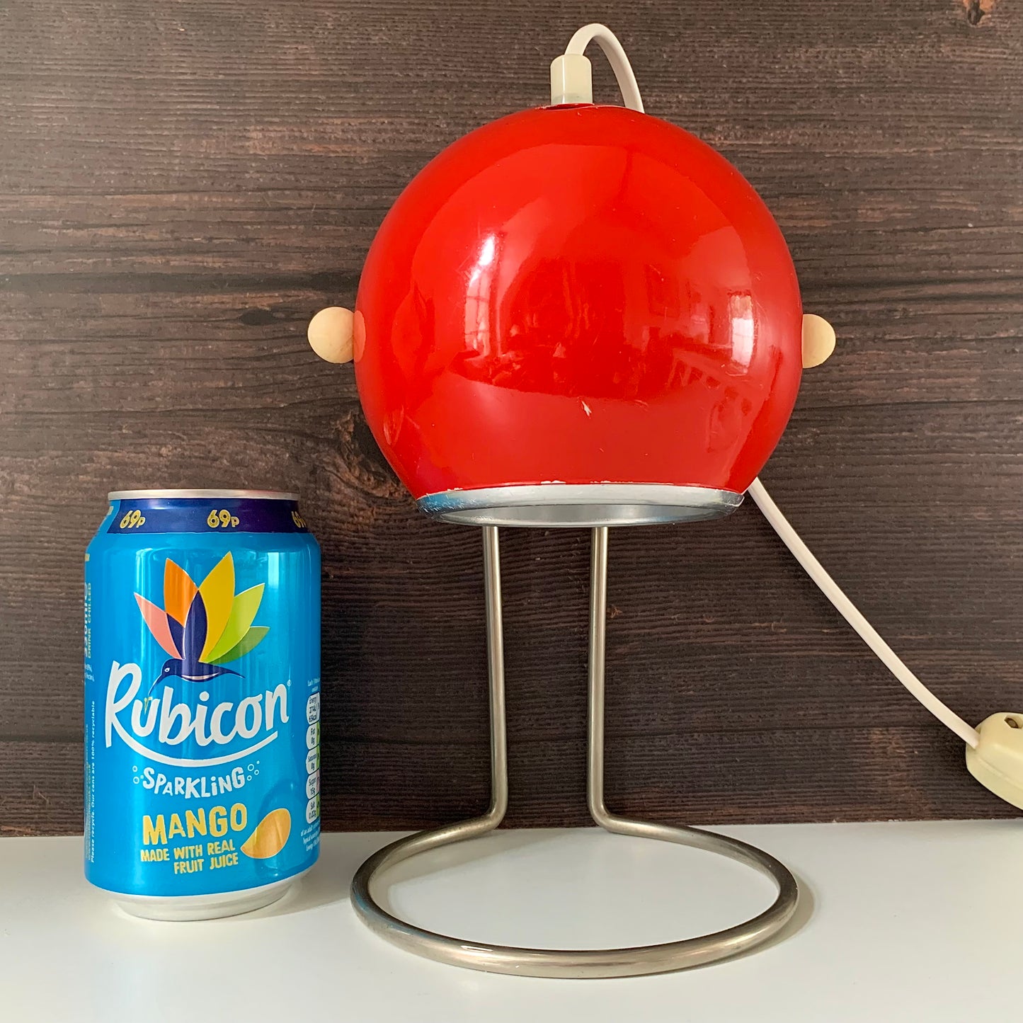 Vintage Red Danish Ball Table Desk Lamp Enamel 1970s Space Age Atomic Era