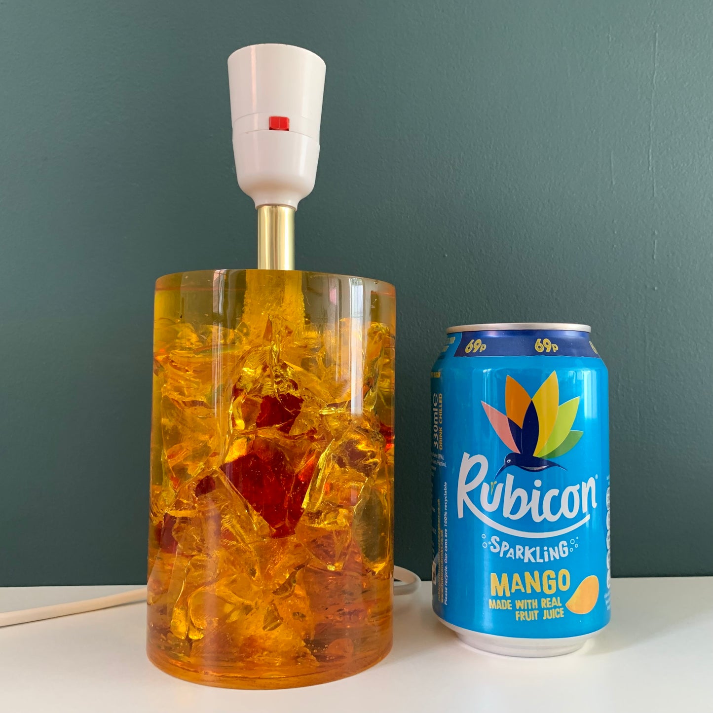 Shattaline British Yellow Orange Table Lamp Cracked Resin Crushed Ice Vintage Retro Atomic Era Shatterline