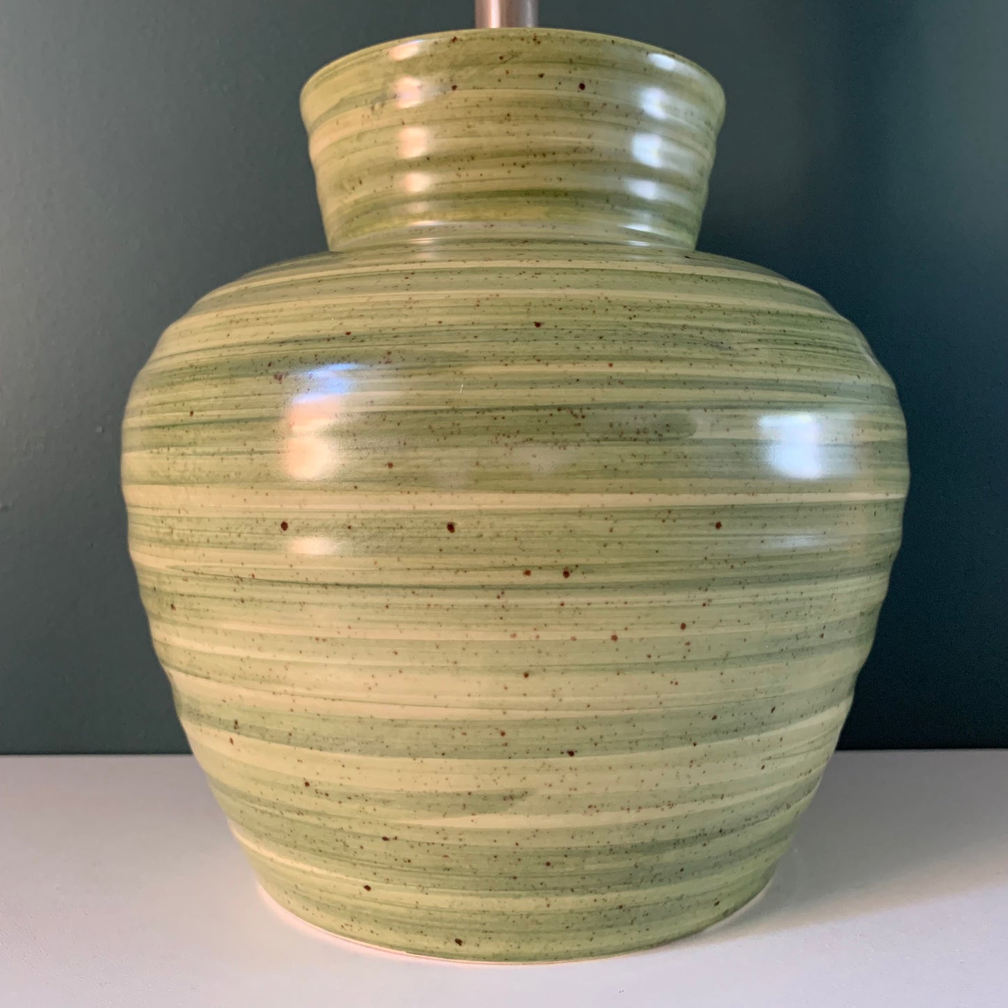 Mid Century Kabaka Pottery Striped Green Ceramic Table Lamp Retro