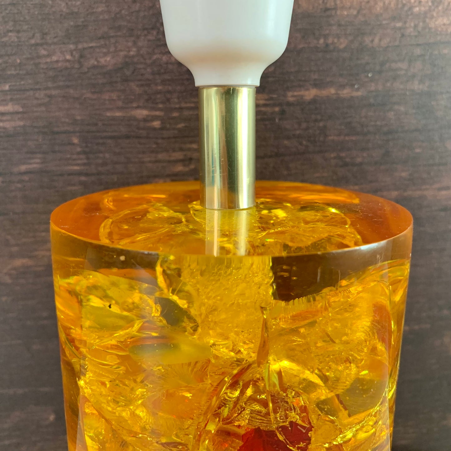 Shattaline British Yellow Orange Table Lamp Cracked Resin Crushed Ice Vintage Retro Atomic Era Shatterline
