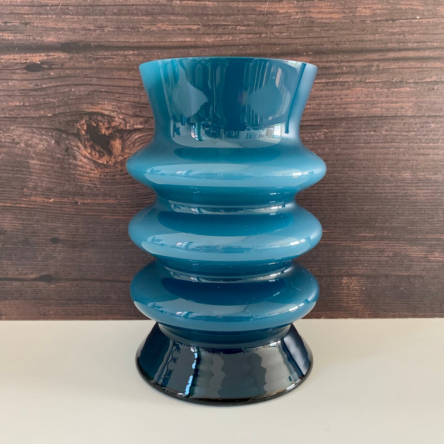 Aseda Swedish Blue Hooped Glass Vase Petrol Turquoise 1960s 1970s Retro
