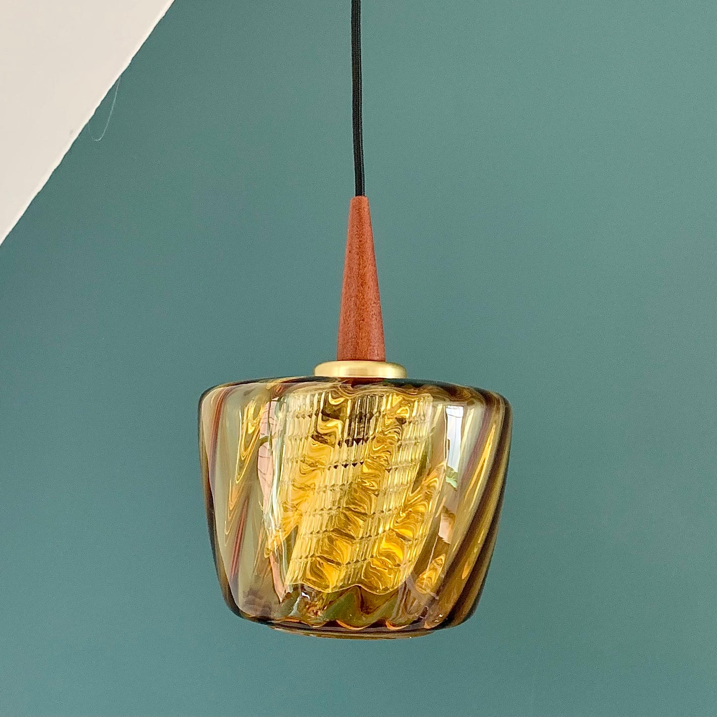 Mid Century Danish Swedish Amber Glass Teak Pendant Ceiling Lamp Scandinavian Light