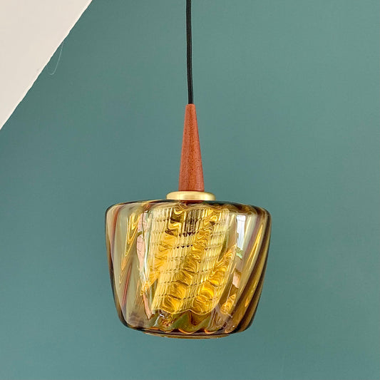 Mid Century Danish Swedish Amber Glass Teak Pendant Ceiling Lamp Scandinavian Light