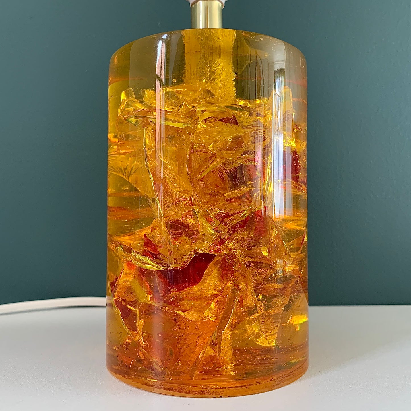 Shattaline British Yellow Orange Table Lamp Cracked Resin Crushed Ice Vintage Retro Atomic Era Shatterline