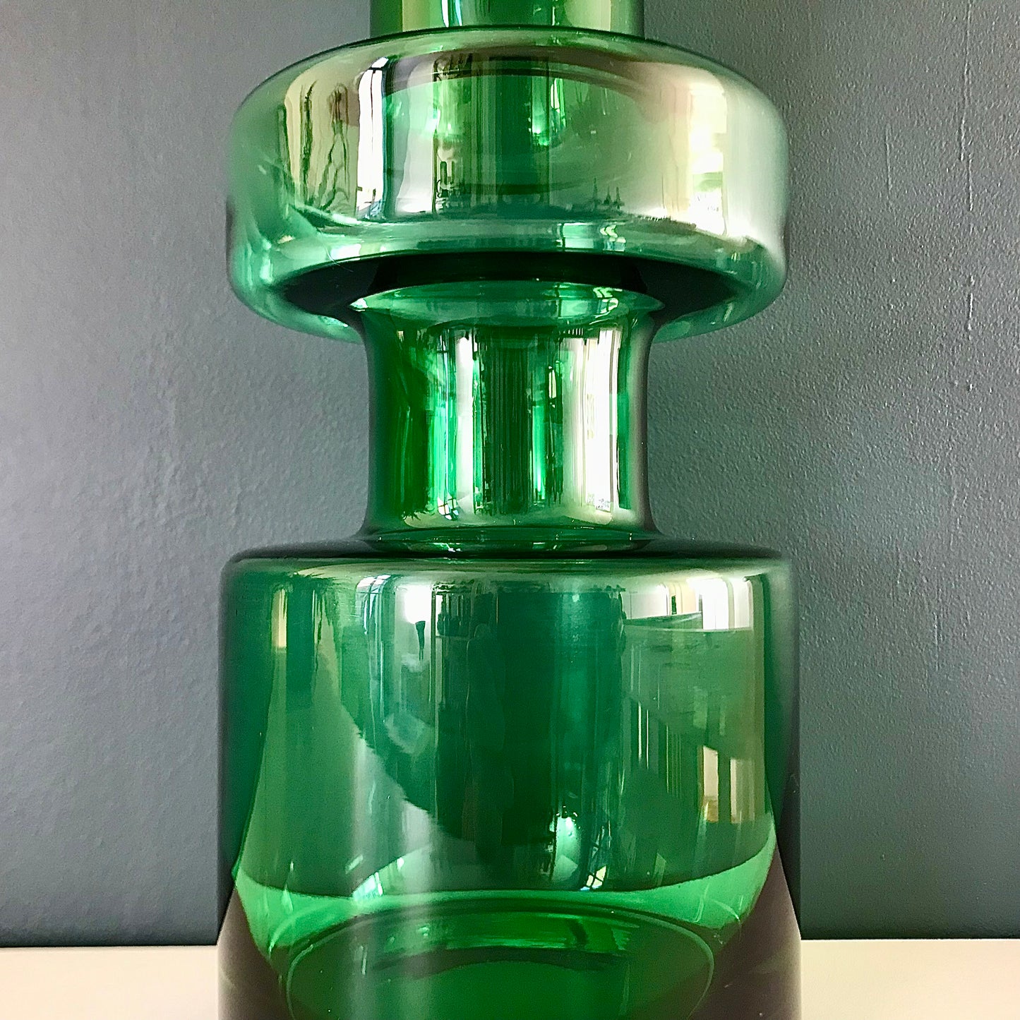 Riihimaki Emerald Green Cog Glass Vase 1960s 1970s Camshaft Industrial Style Finnish Retro