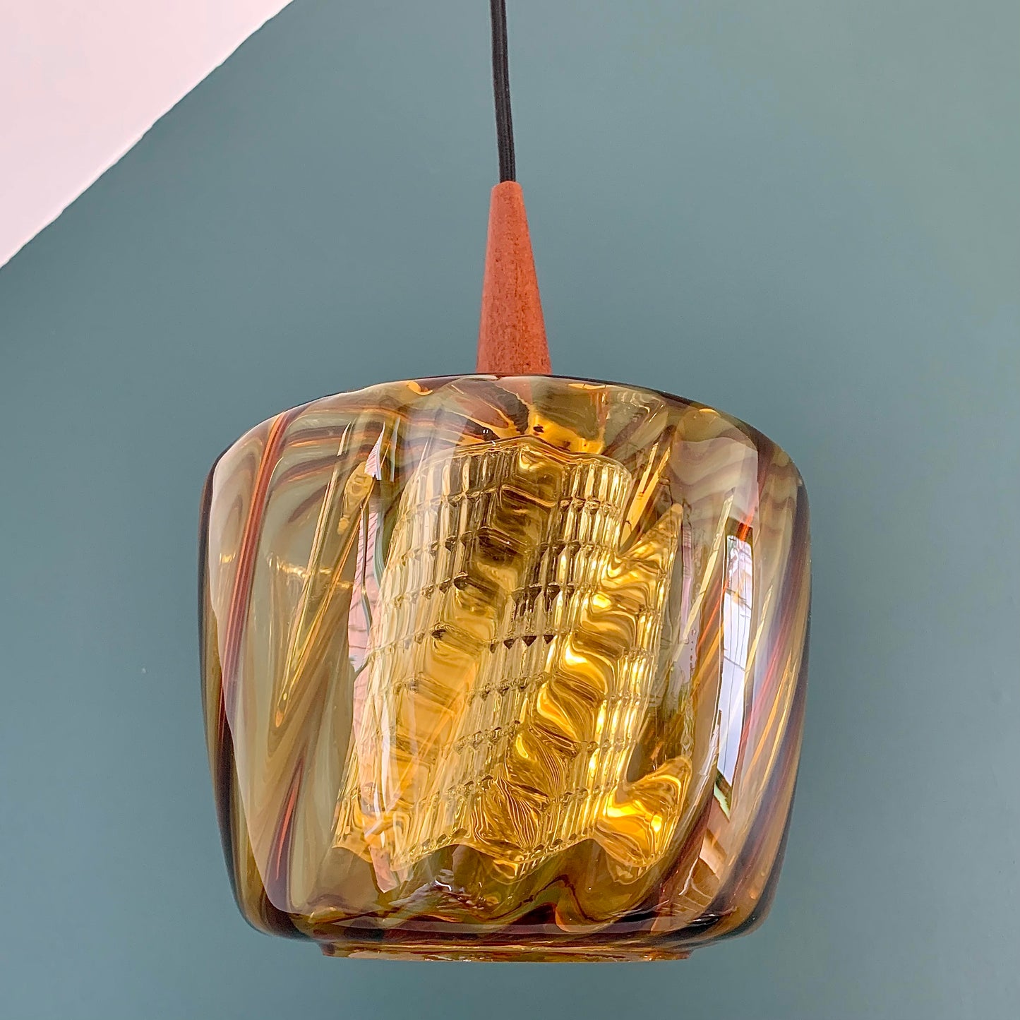 Mid Century Danish Swedish Amber Glass Teak Pendant Ceiling Lamp Scandinavian Light