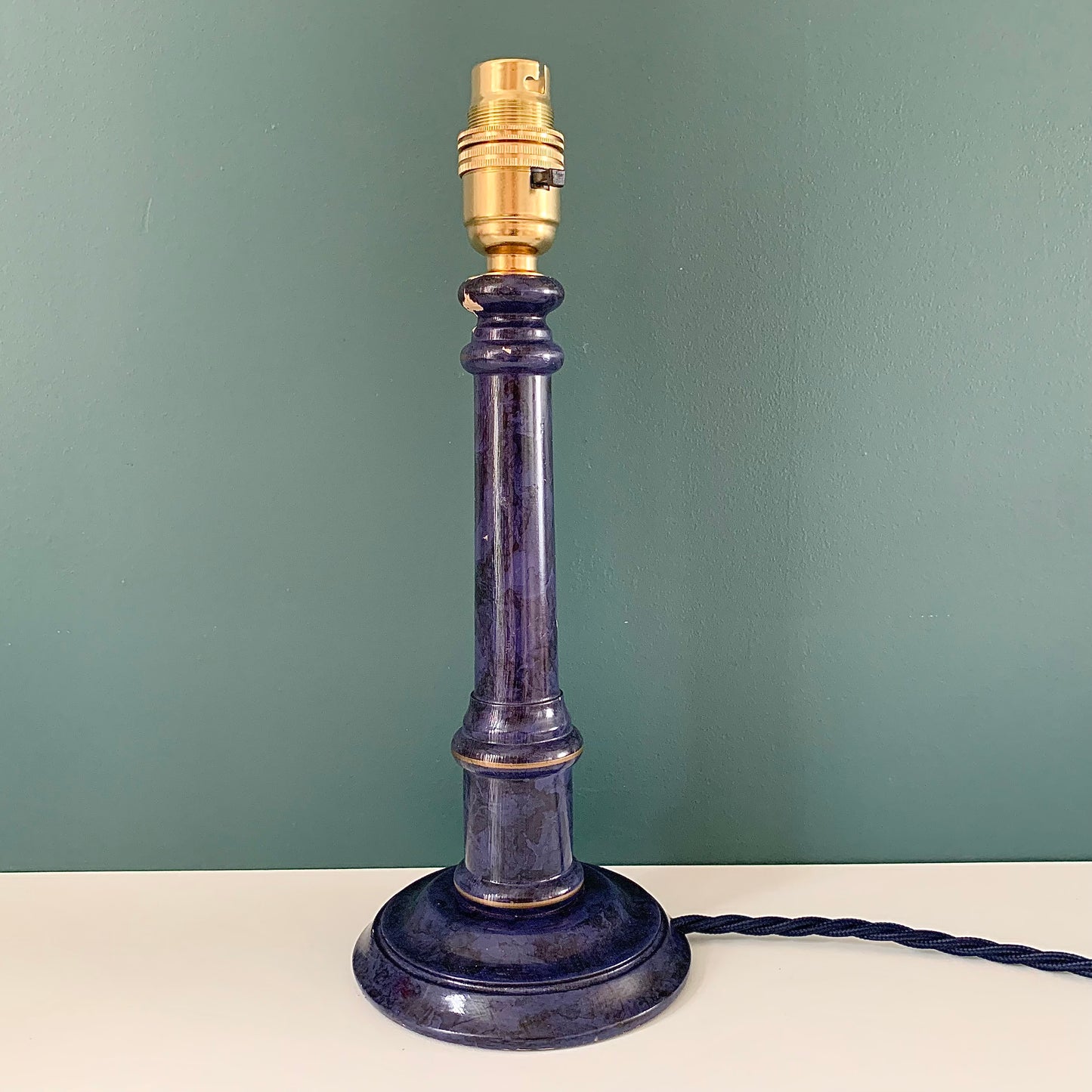 Vintage Blue Wood British Candle Stick Table Lamp 1980s