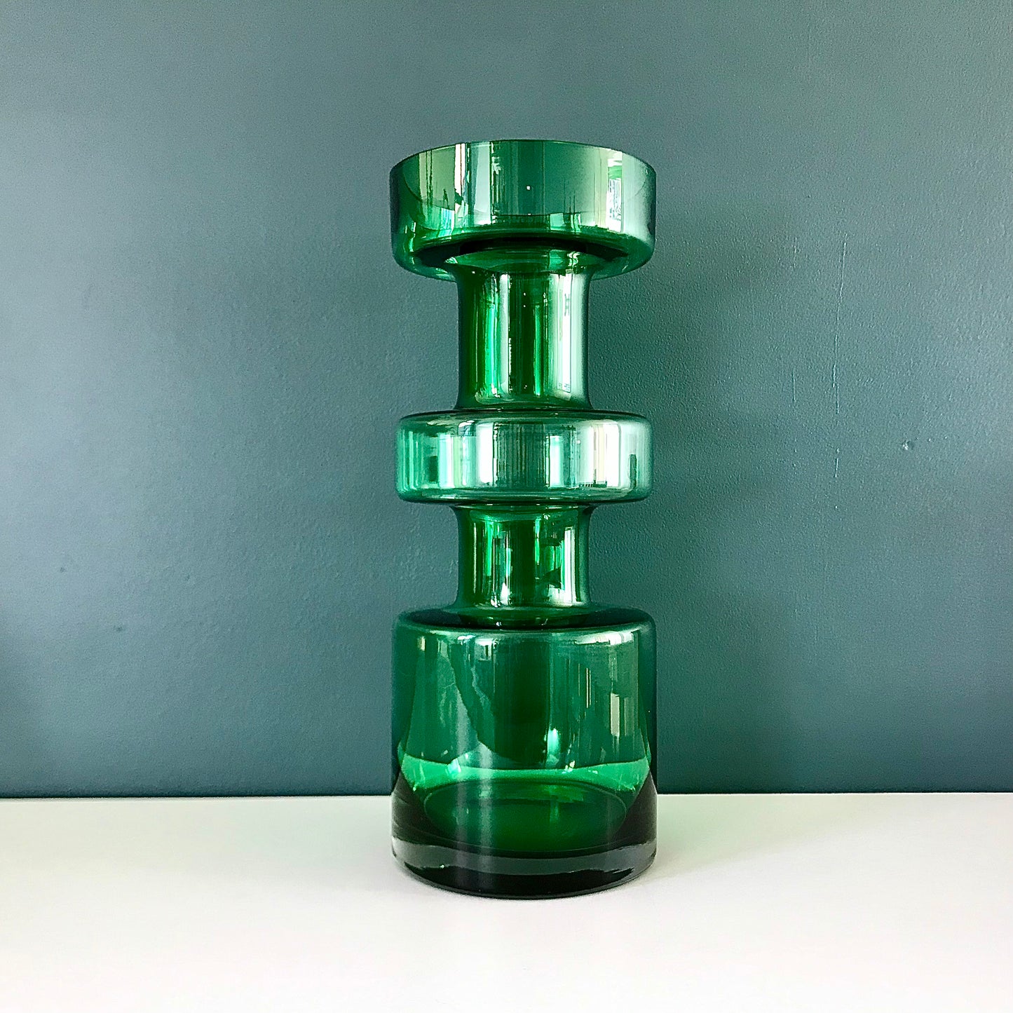 Riihimaki Emerald Green Cog Glass Vase 1960s 1970s Camshaft Industrial Style Finnish Retro
