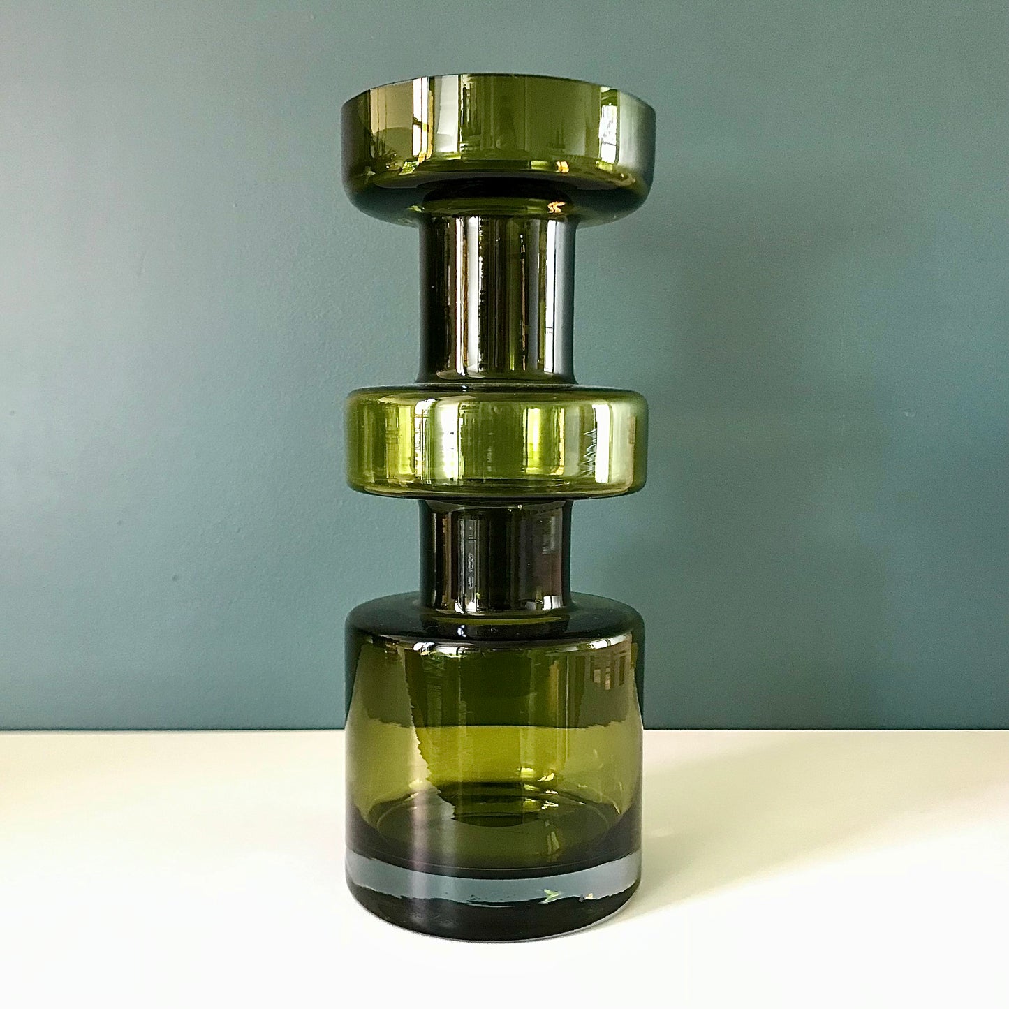 Riihimaki Olive Green Cog Glass Vase 1960s 1970s Khaki Avocado Camshaft Industrial Style Finnish Retro