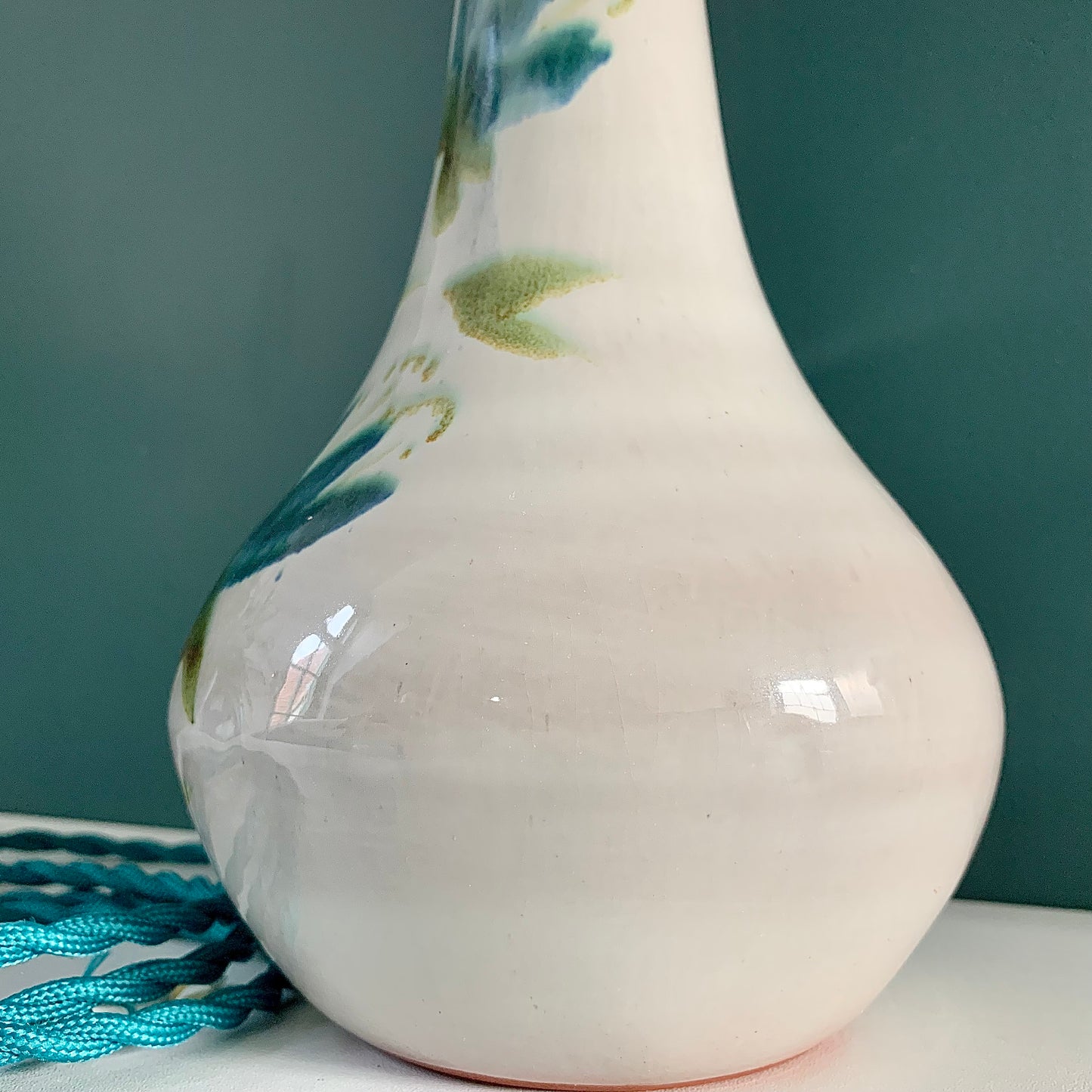 Vintage Green Floral Ceramic Table Lamp Boho Scandi Pottery 1960s 1970s