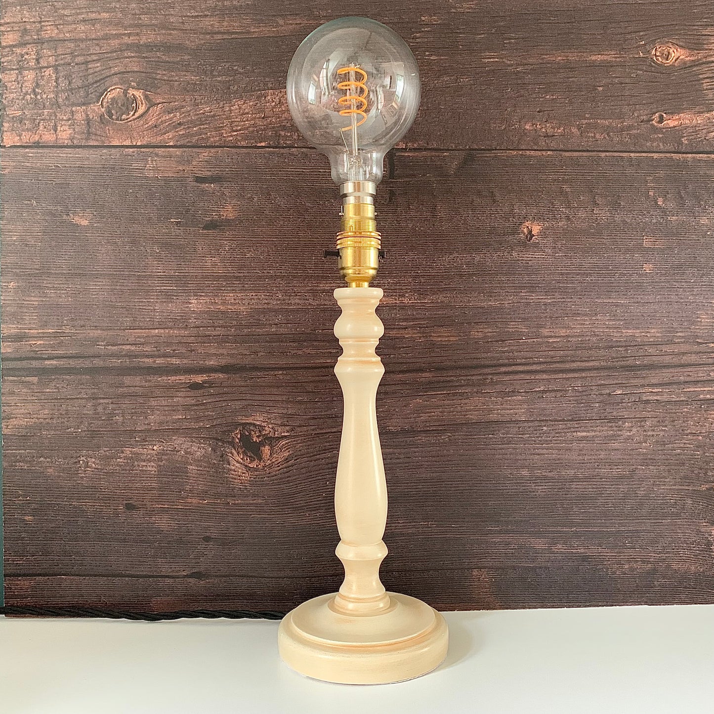 Vintage Cream Wood British Candle Stick Table Lamp 1980s