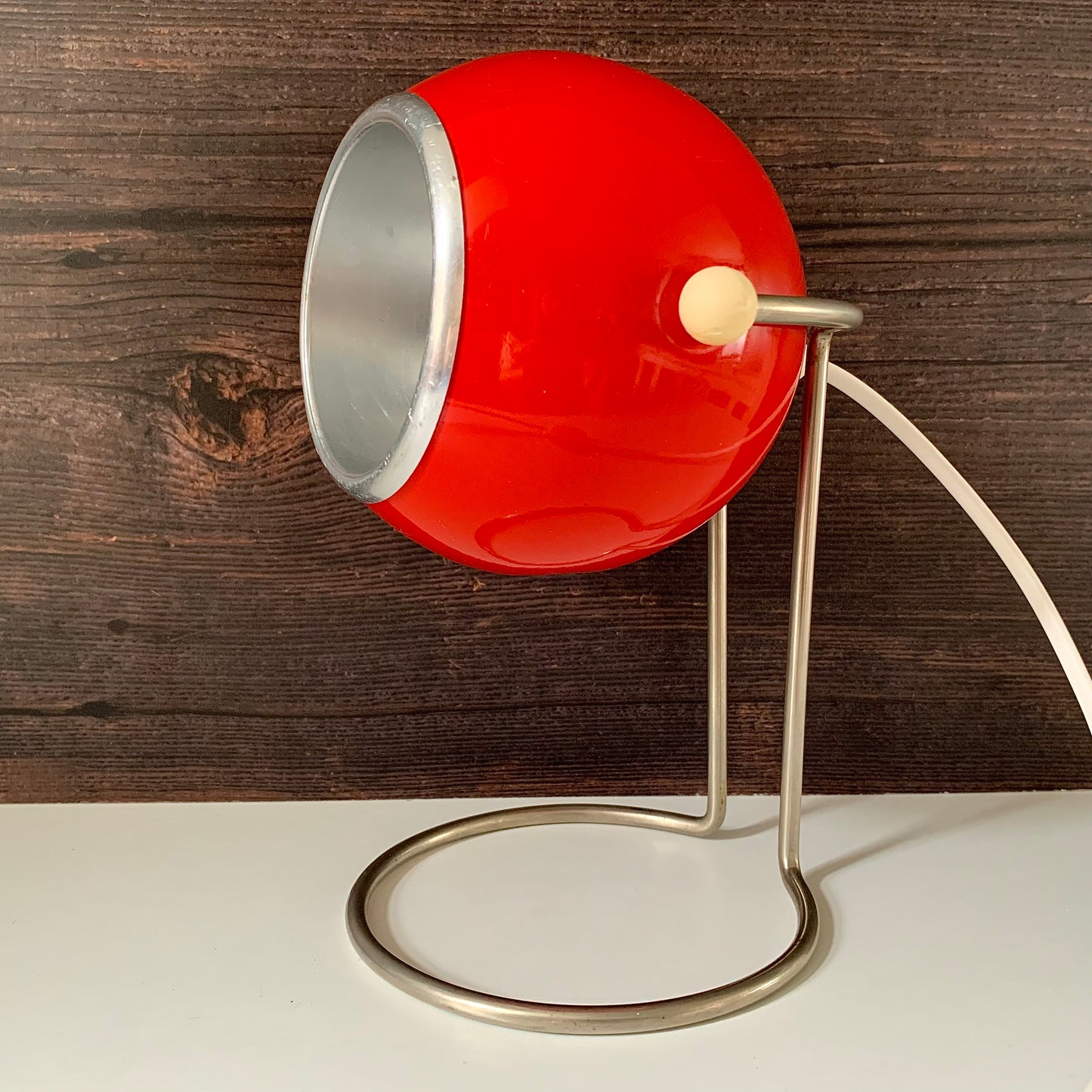 Vintage Red Danish Ball Table Desk Lamp Enamel 1970s Space Age Atomic Era