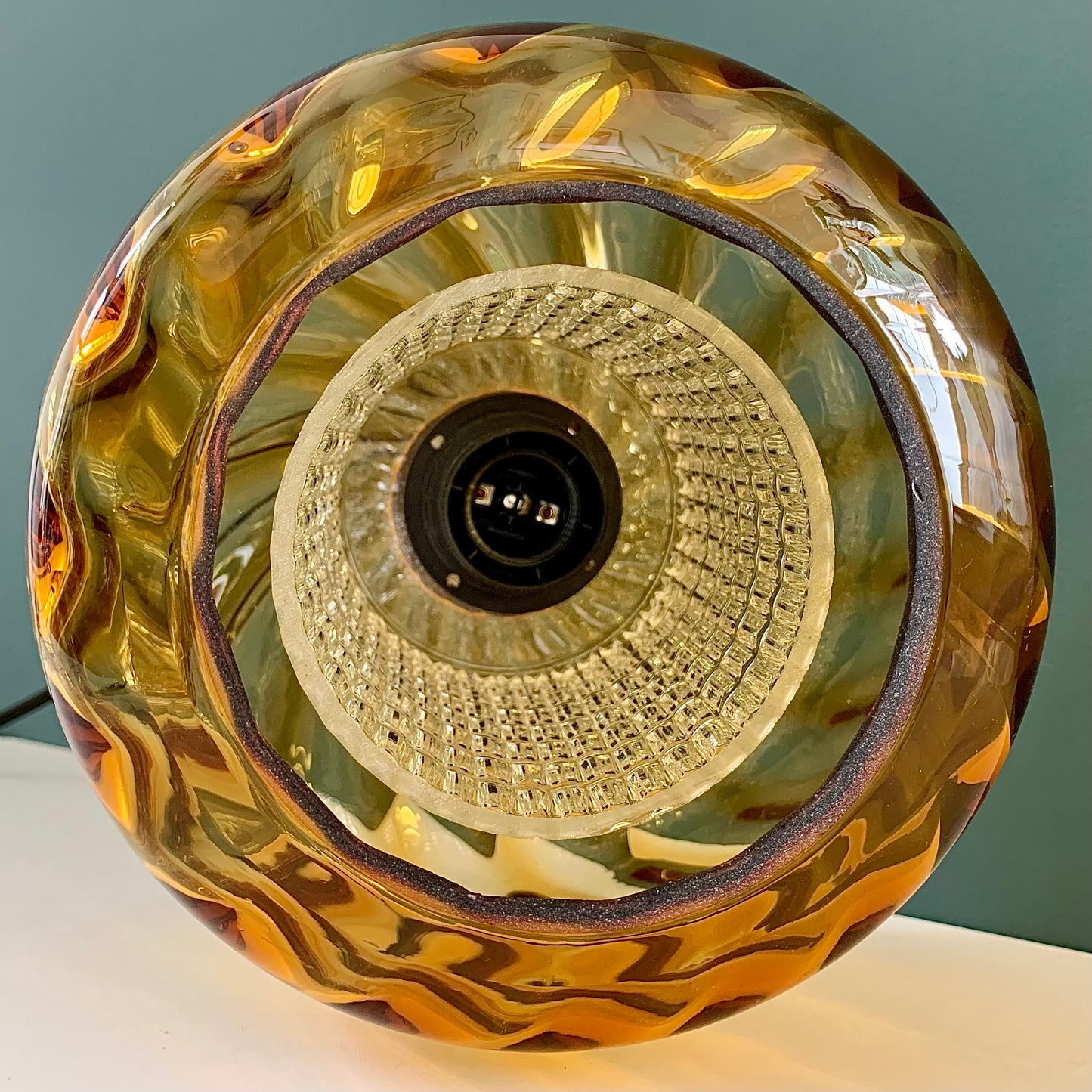 Mid Century Danish Swedish Amber Glass Teak Pendant Ceiling Lamp Scandinavian Light