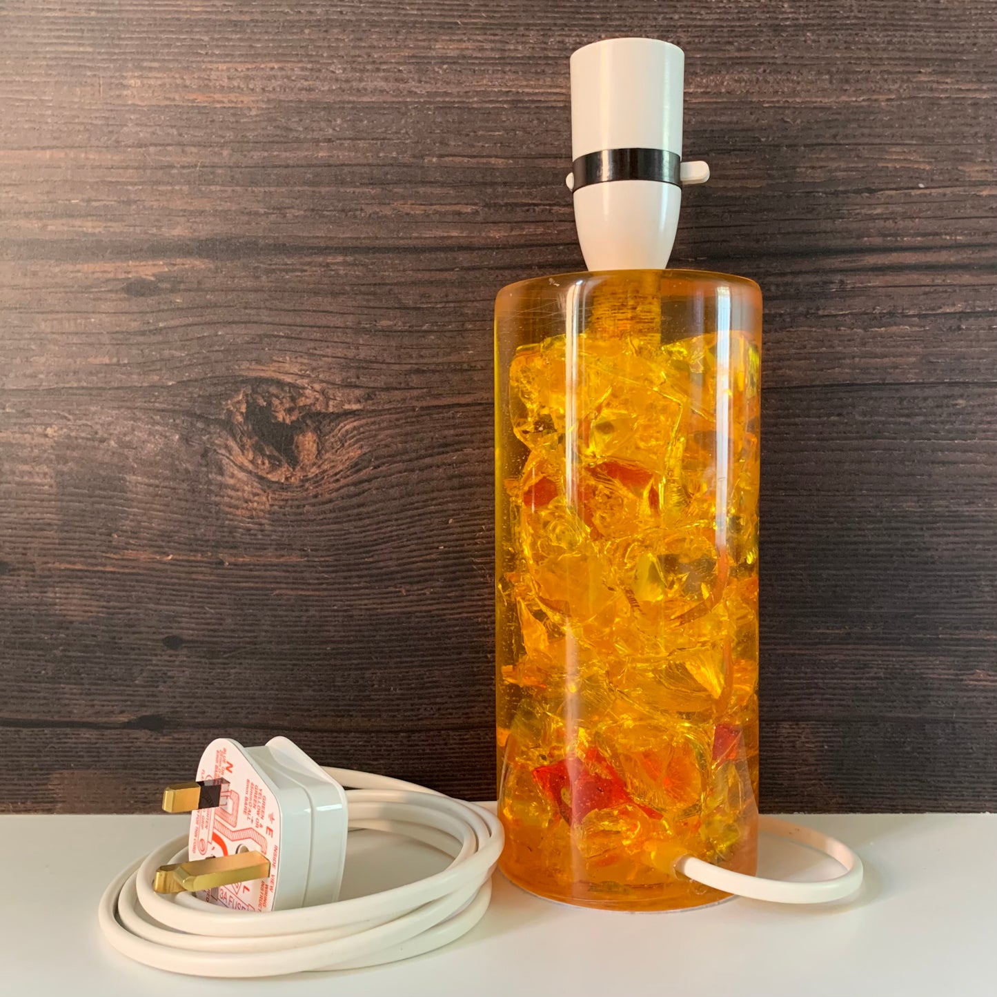 Shattaline British Yellow Orange Table Lamp Cracked Resin Crushed Ice Vintage Retro Atomic Era Shatterline