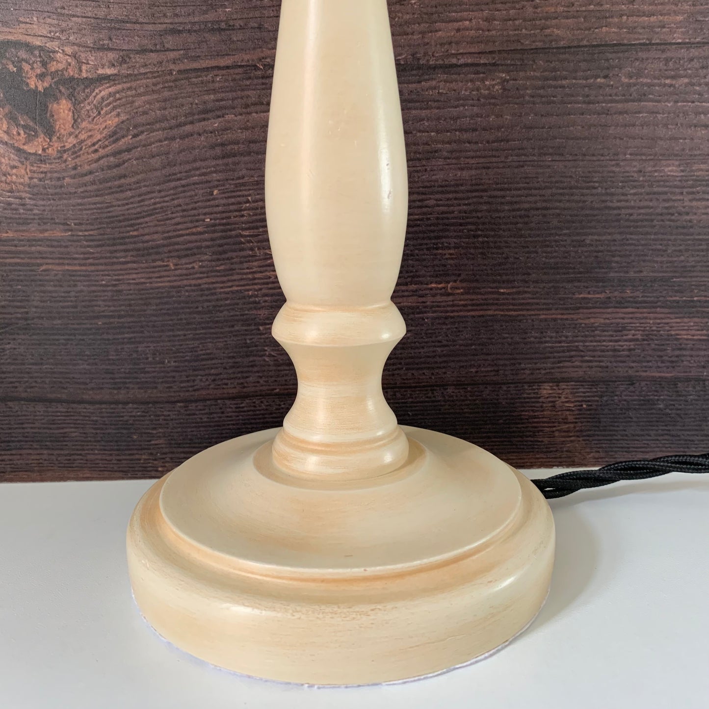 Vintage Cream Wood British Candle Stick Table Lamp 1980s