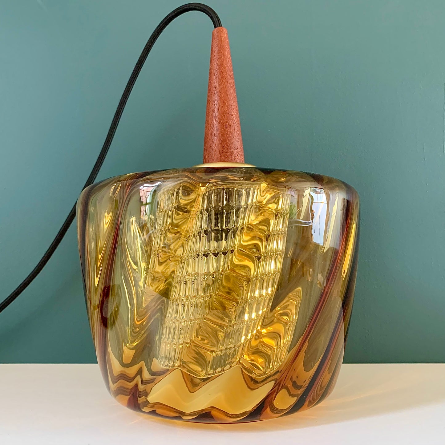 Mid Century Danish Swedish Amber Glass Teak Pendant Ceiling Lamp Scandinavian Light