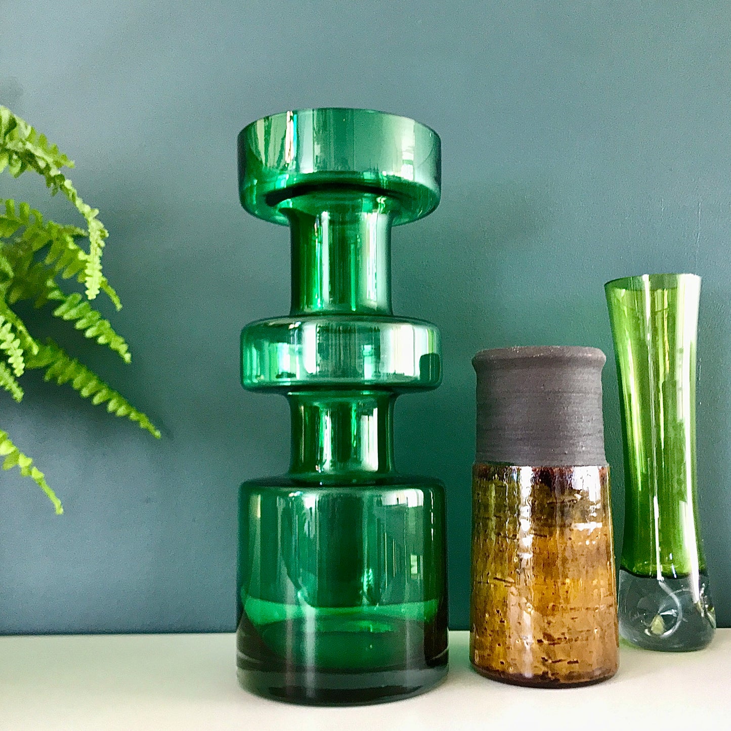 Riihimaki Emerald Green Cog Glass Vase 1960s 1970s Camshaft Industrial Style Finnish Retro