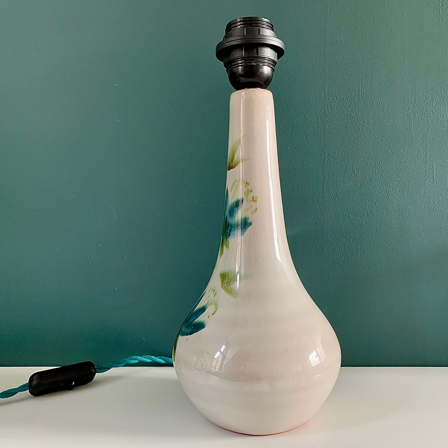 Vintage Green Floral Ceramic Table Lamp Boho Scandi Pottery 1960s 1970s