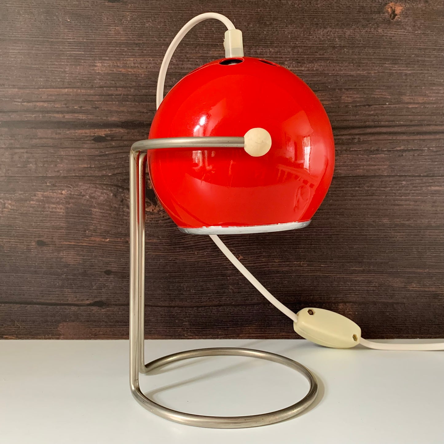 Vintage Red Danish Ball Table Desk Lamp Enamel 1970s Space Age Atomic Era