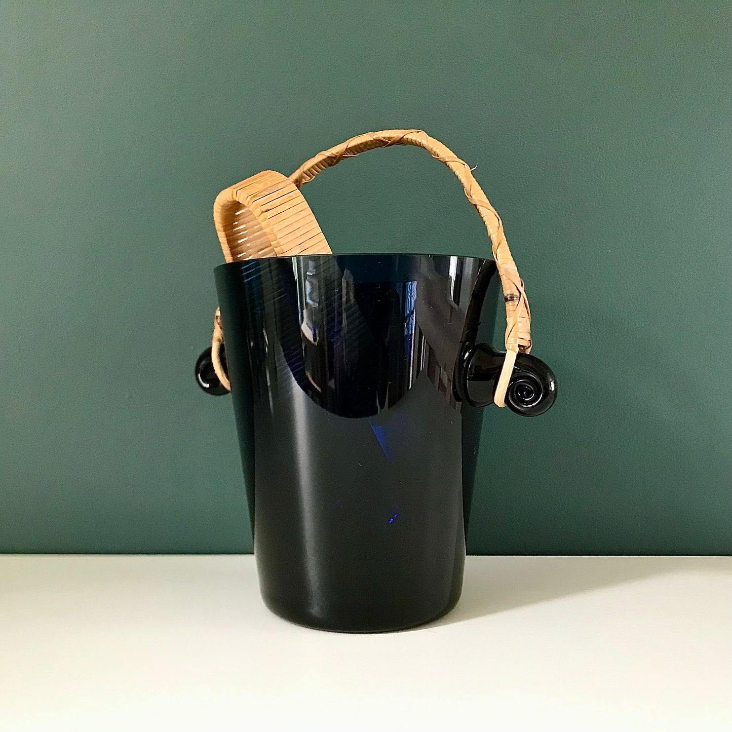 Vintage Blue Glass Ice Bucket Wicker Handle Mens Dads Gift Present