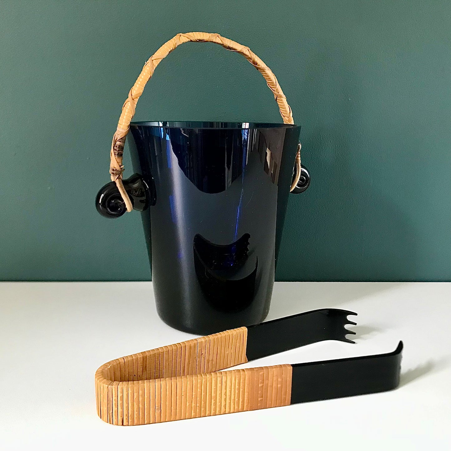 Vintage Blue Glass Ice Bucket Wicker Handle Mens Dads Gift Present