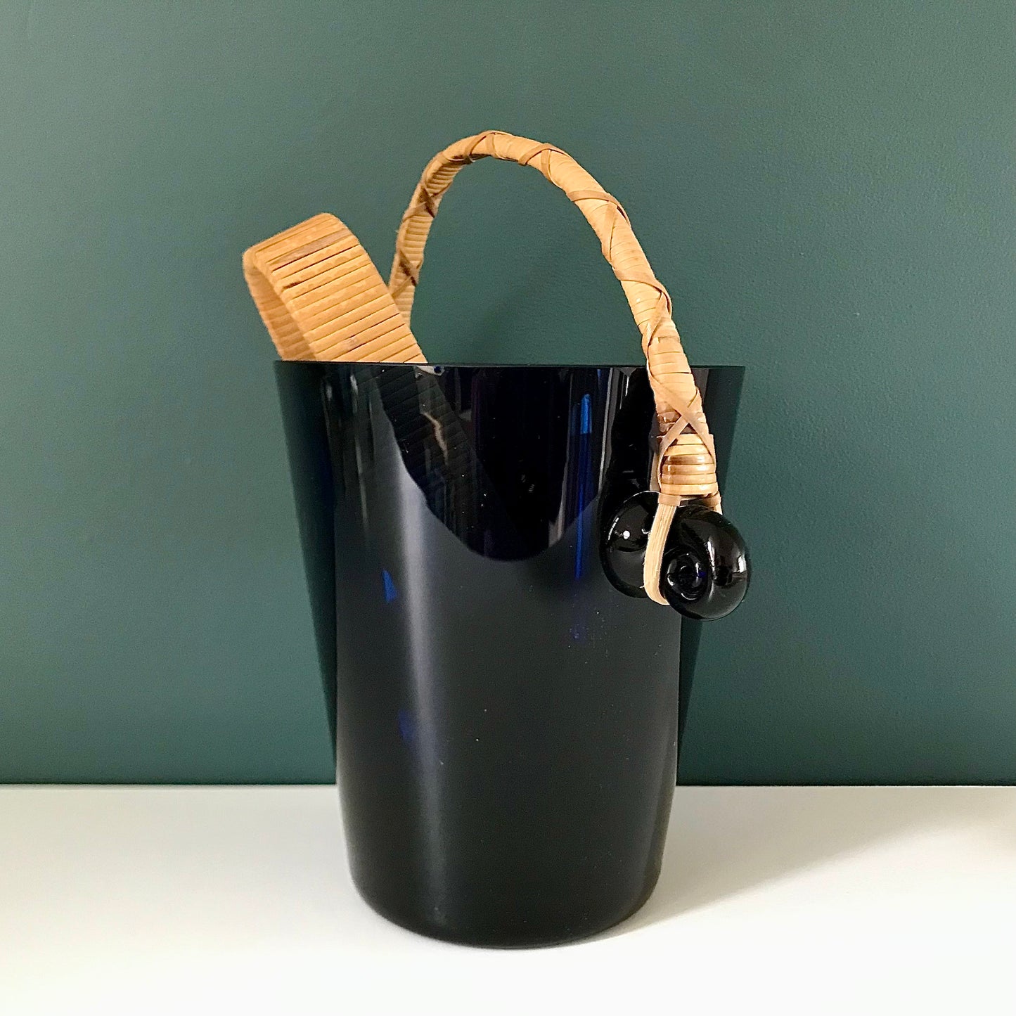 Vintage Blue Glass Ice Bucket Wicker Handle Mens Dads Gift Present