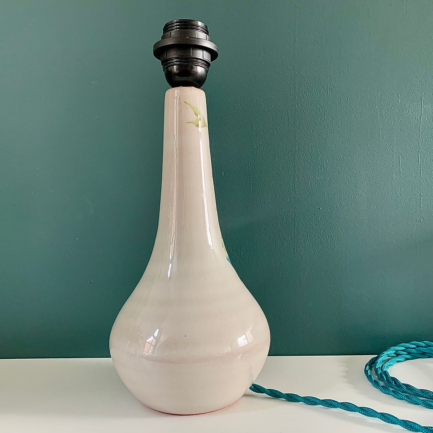 Vintage Green Floral Ceramic Table Lamp Boho Scandi Pottery 1960s 1970s