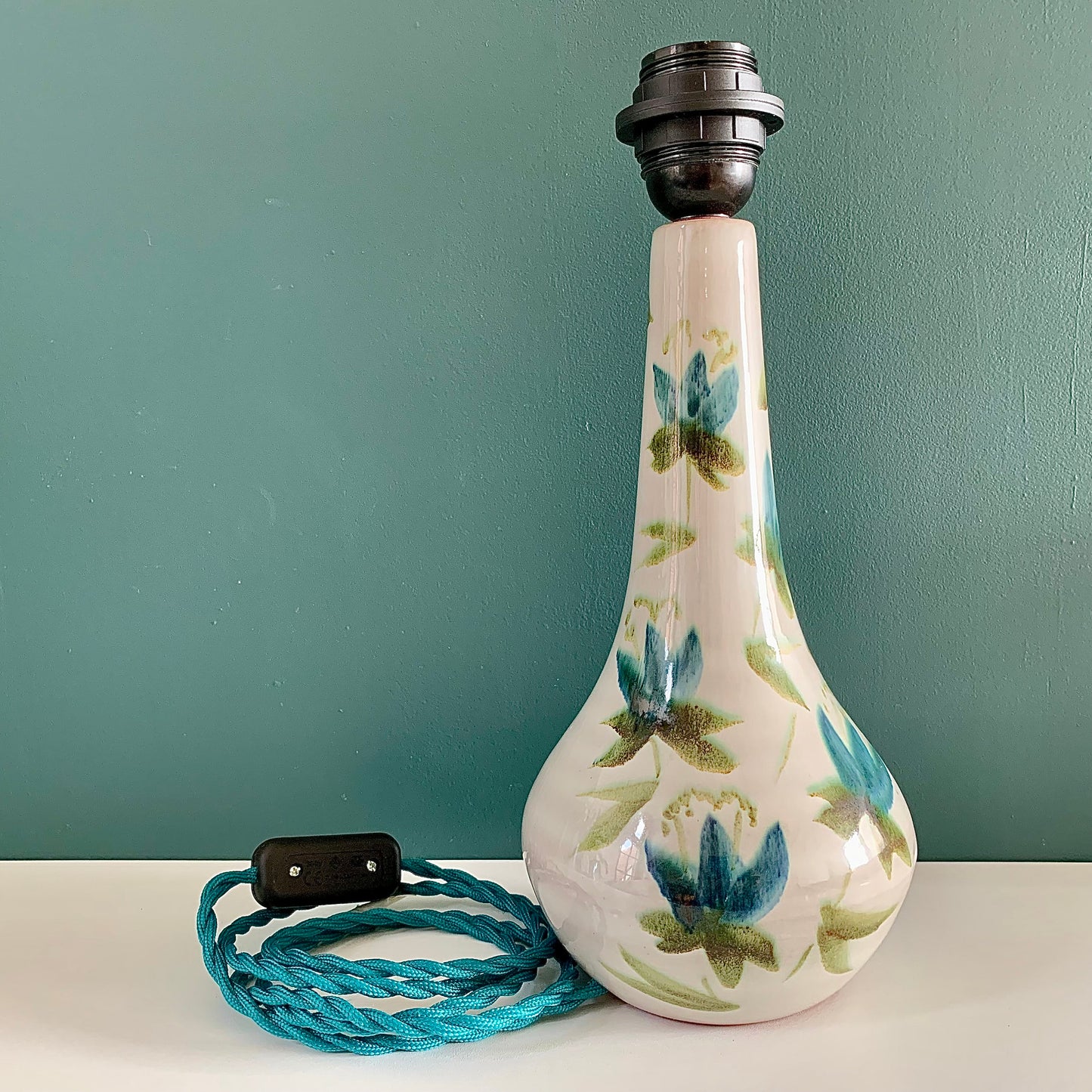 Vintage Green Floral Ceramic Table Lamp Boho Scandi Pottery 1960s 1970s