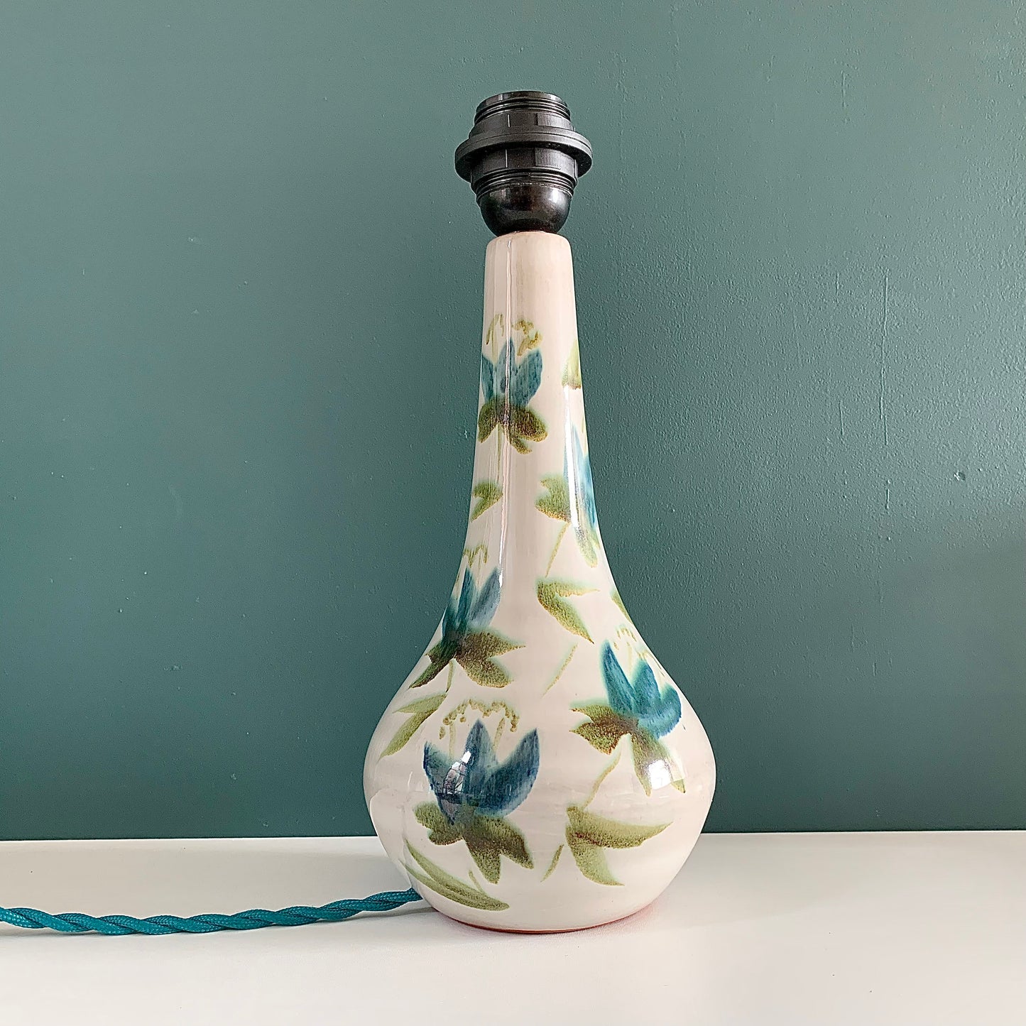 Vintage Green Floral Ceramic Table Lamp Boho Scandi Pottery 1960s 1970s