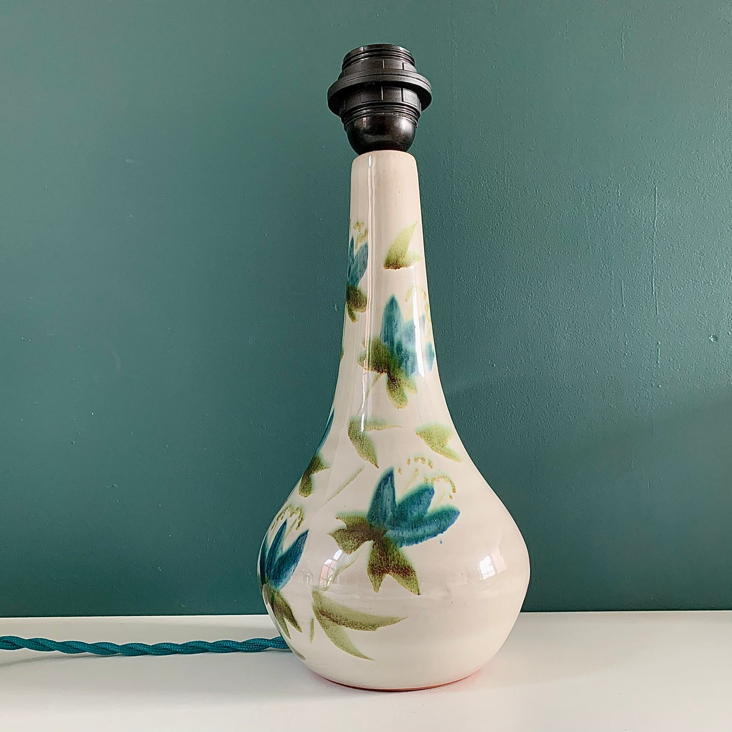 Vintage Green Floral Ceramic Table Lamp Boho Scandi Pottery 1960s 1970s