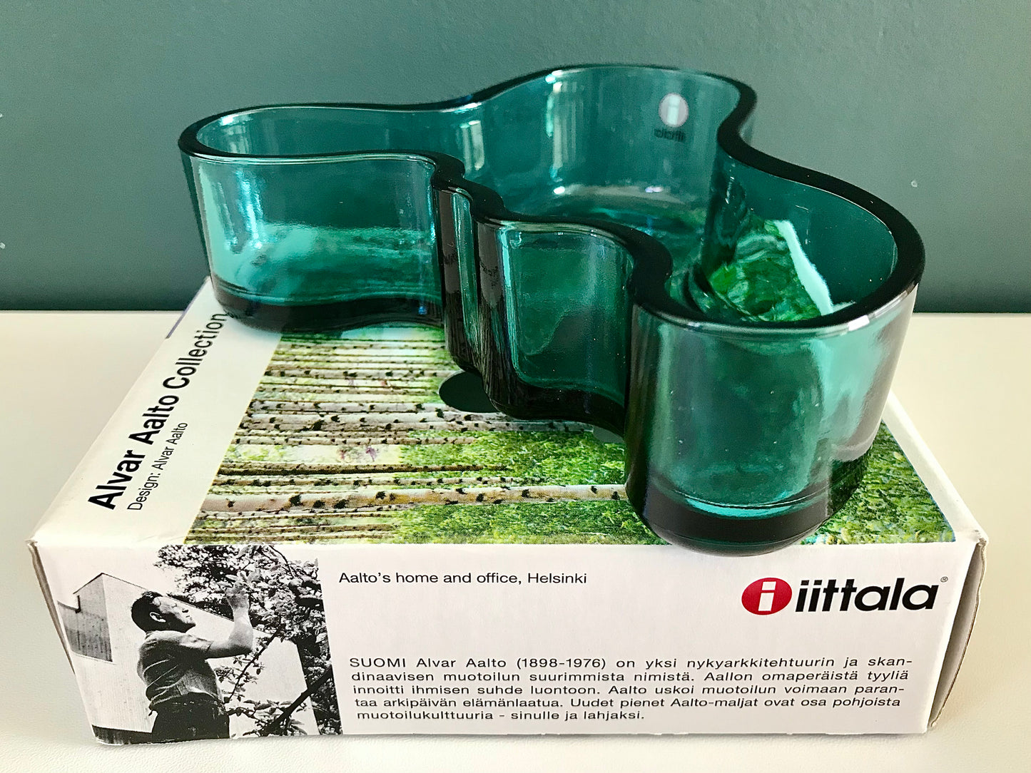 Boxed Iittala Alvar Aalto Savoy Petrol Blue Glass Dish 136mm Scandinavian Iconic Design