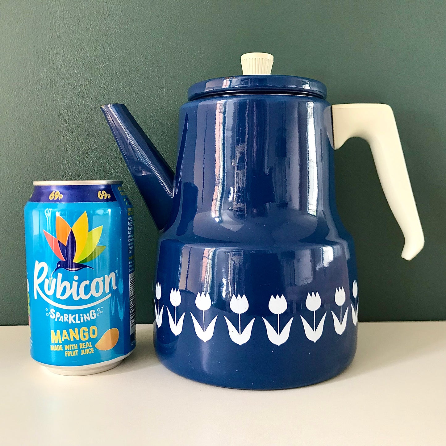 Vintage Blue Enamel Tulip Coffee Pot 1960s 1970s Scandinavian Scandi Style Design