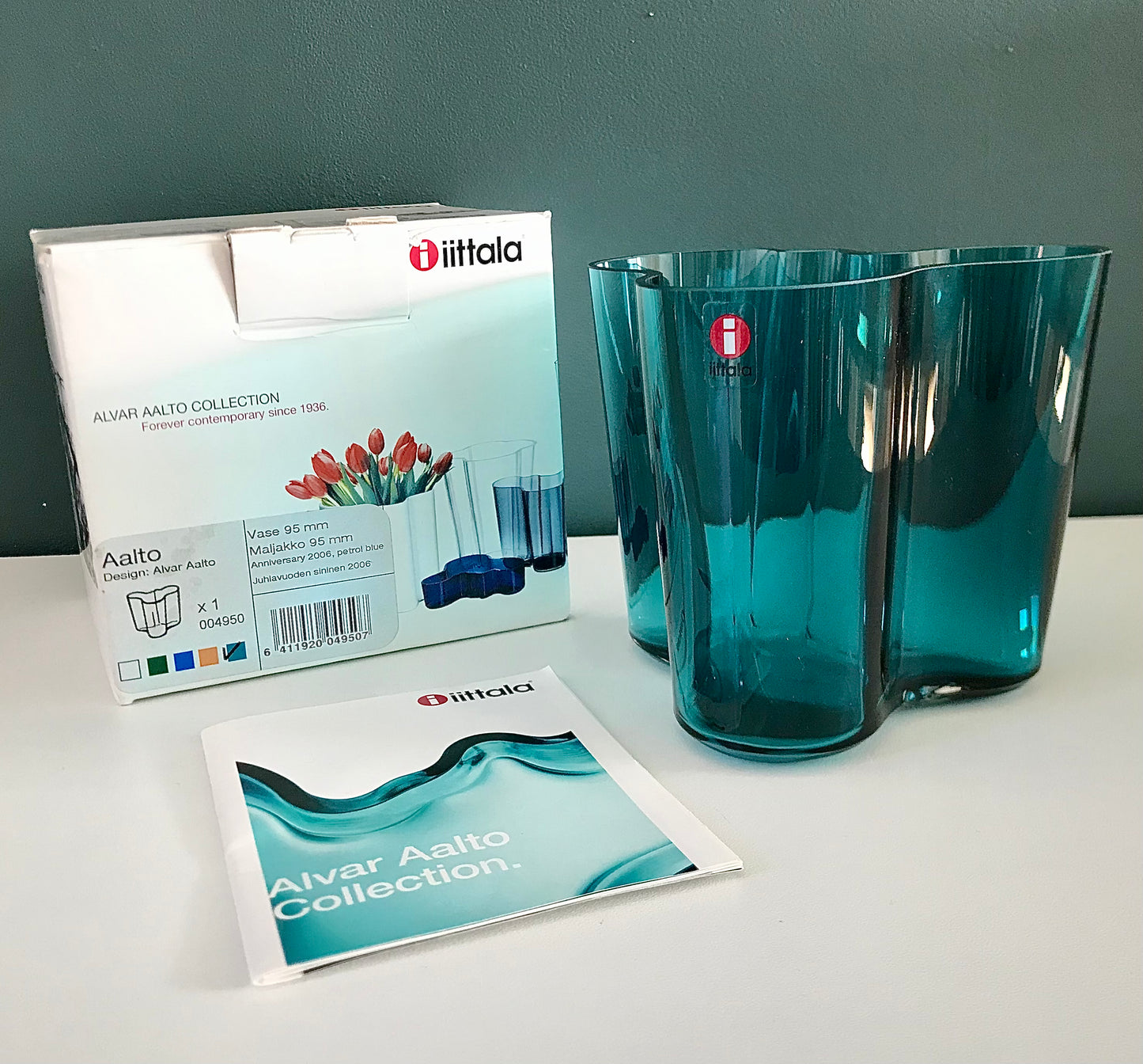 Boxed Iittala Alvar Aalto Savoy Petrol Blue Glass Vase Scandinavian Iconic Design