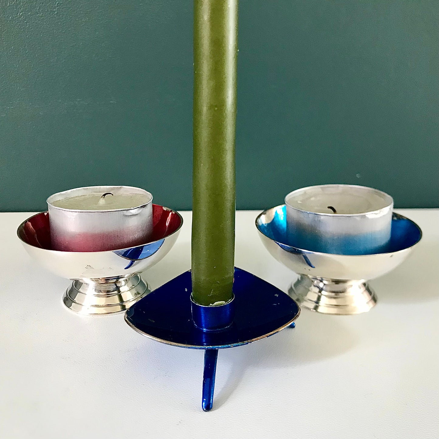 Vintage Scandinavian Silver Enamel Candle Holders 1950s 1960s Danish Norwegian