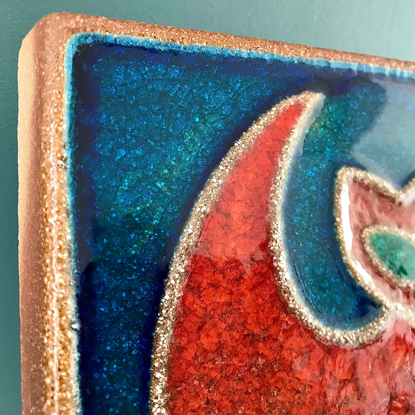 Soholm Pottery Danish Turquoise Red Ceramic Cat Wall Relief Retro Vintage