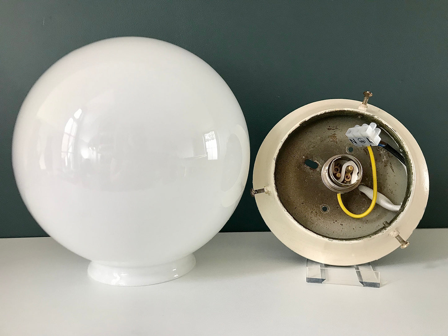 Vintage British Opal White Glass Ball Flush Ceiling Lamp Light 1950s 1960s - UK ONLY
