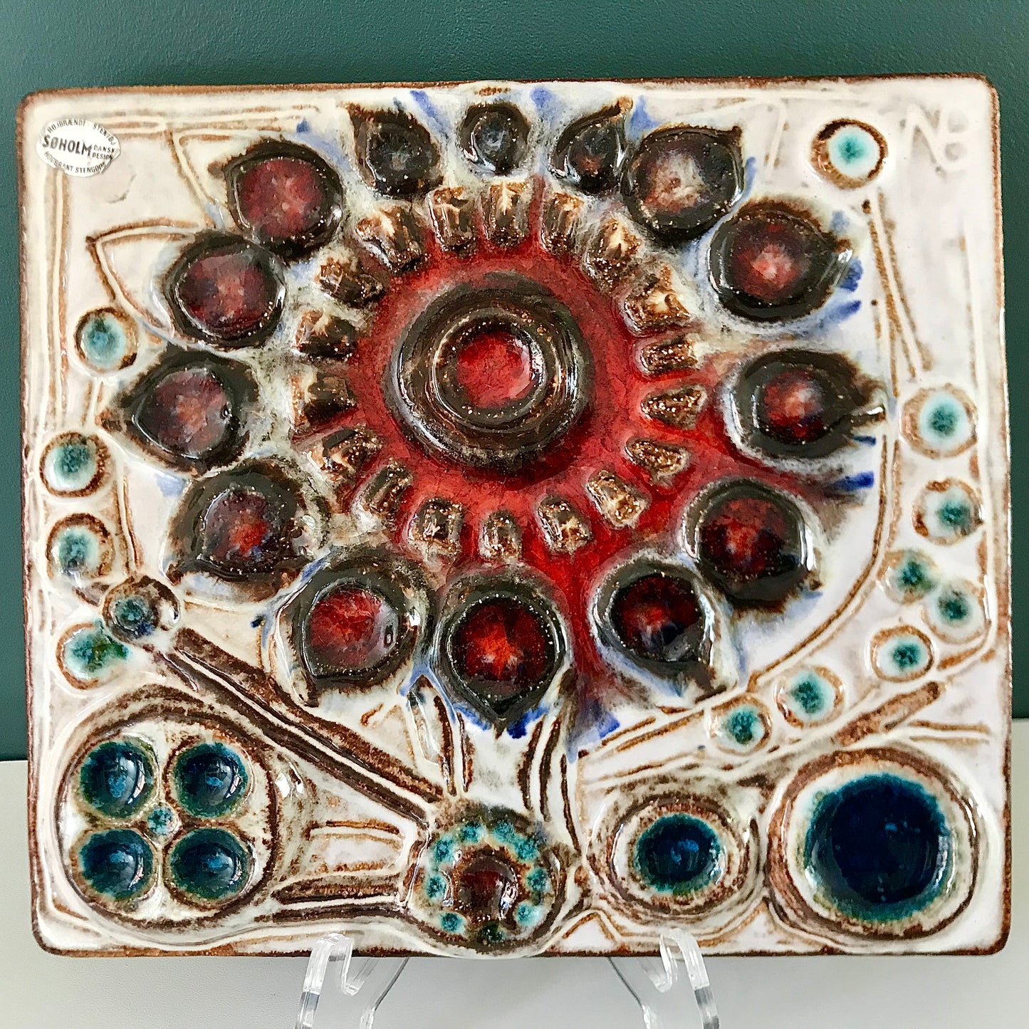 Soholm Pottery Danish Ceramic Wall Relief Turquoise Retro Vintage 1960s 1970s