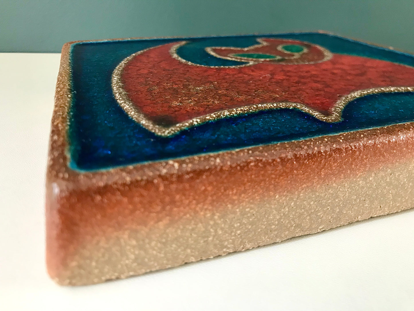 Soholm Pottery Danish Turquoise Red Ceramic Cat Wall Relief Retro Vintage