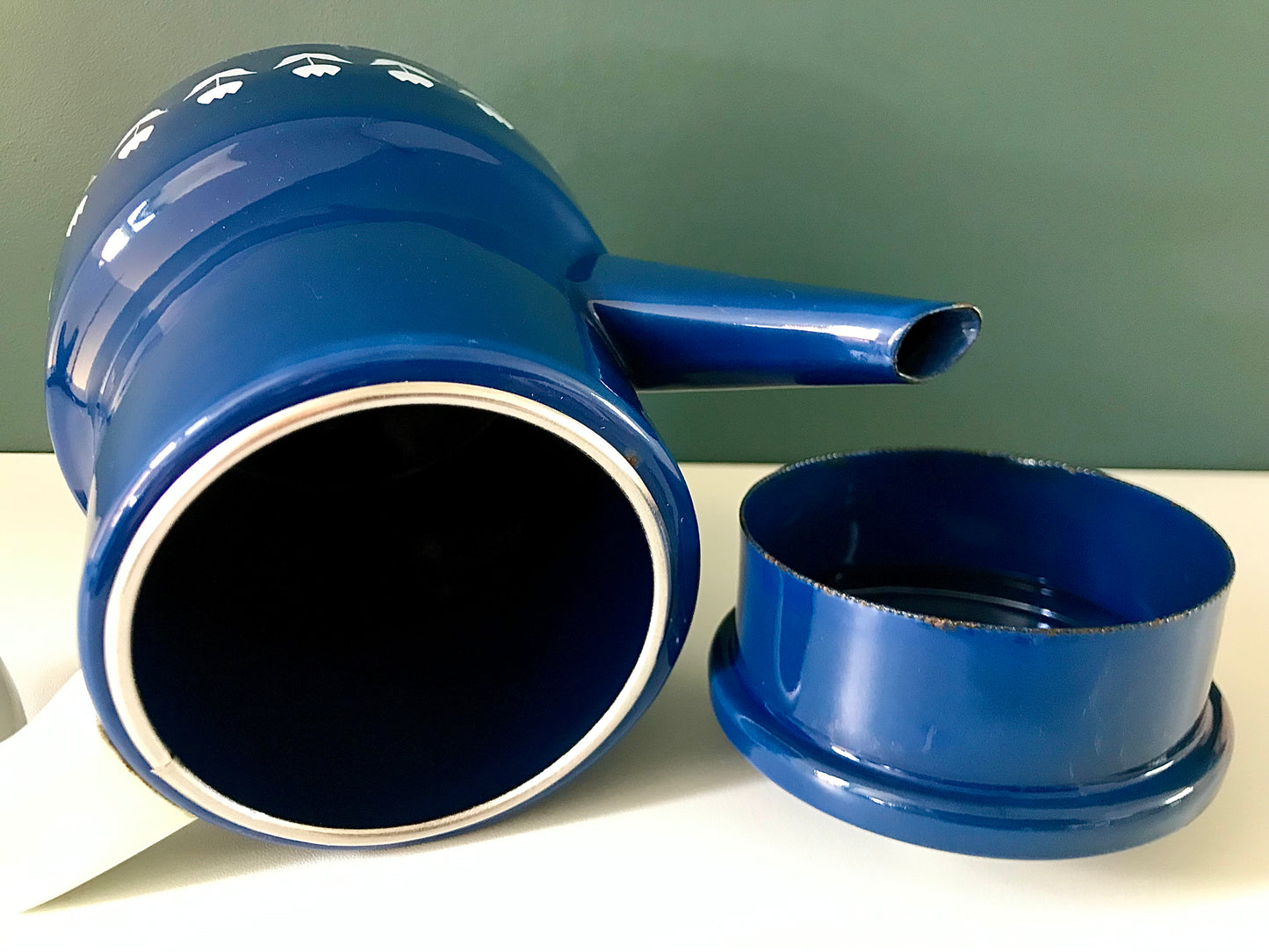 Vintage Blue Enamel Tulip Coffee Pot 1960s 1970s Scandinavian Scandi Style Design