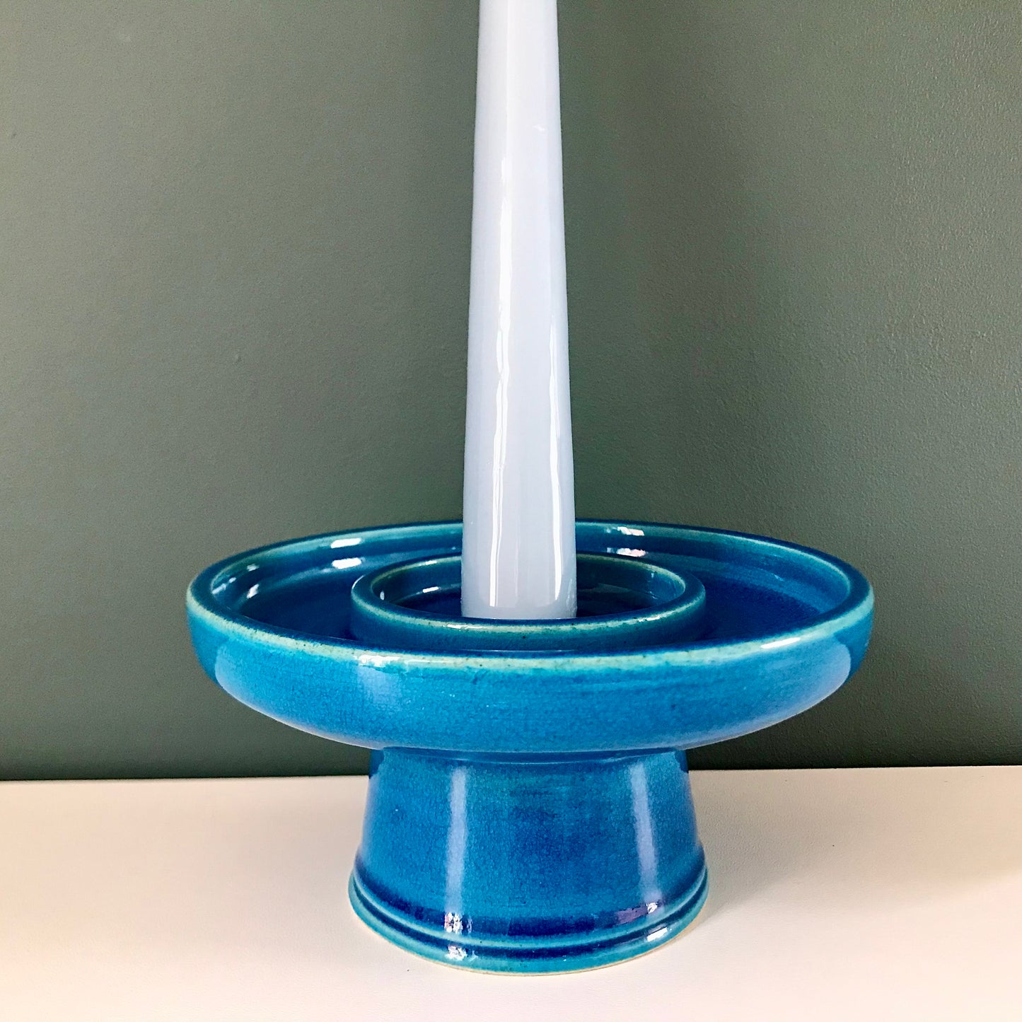 Kahler Danish Pottery Turquoise Blue Ceramic Candle Holder 1960s 1970s