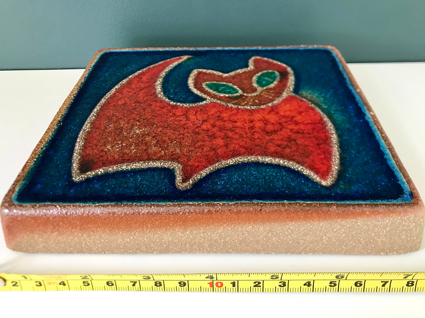 Soholm Pottery Danish Turquoise Red Ceramic Cat Wall Relief Retro Vintage